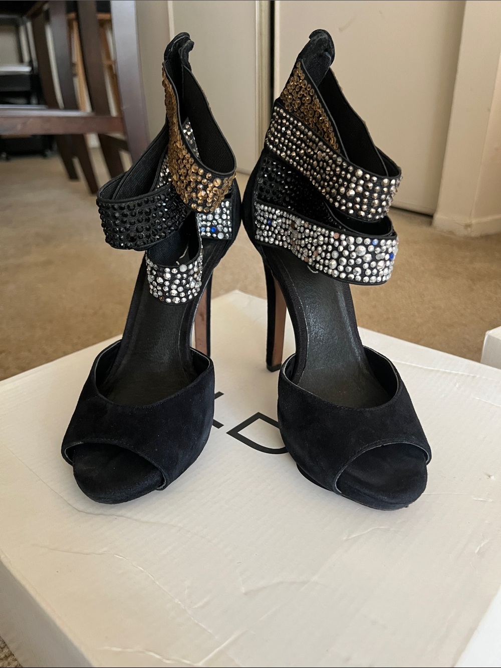 Aldo Black Suede Peep-Toe Heels with Gold and Silver Crystal Cuffs - Picture 4 of 5